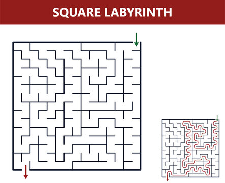 Square labyrinth with entrance and exit markers, and solution shown