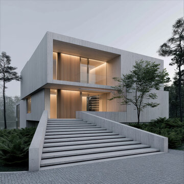 Modern luxury house elevated on large staircase, minimalist architecture, glass windows, surrounded by trees, evening lighting
