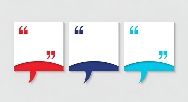 Three colorful speech bubbles with quote marks design template colorful communication dialogue presentation minimalist business feedback