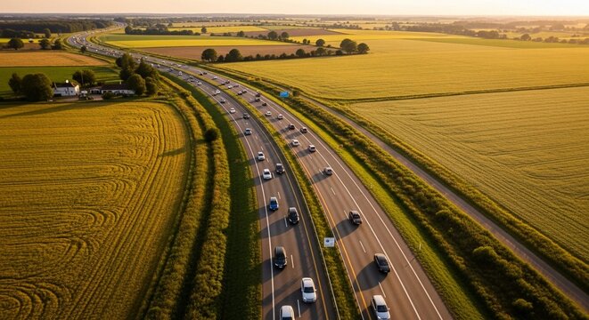 Aerial view of busy highway traffic flowing through golden rural fields at sunset