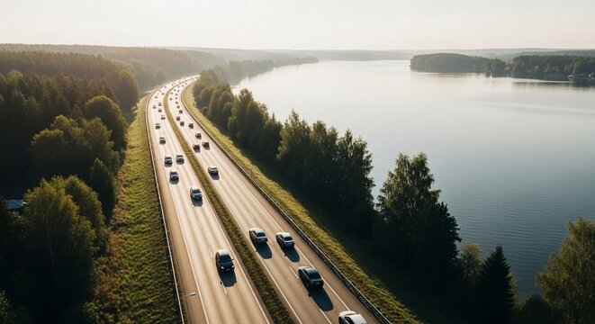 Aerial view of busy highway traffic with cars moving along a winding road beside a serene lake surrounded by lush green trees during golden hour.