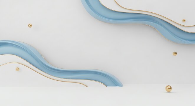 Abstract Serene Blue Waves with Golden Accents and Spheres