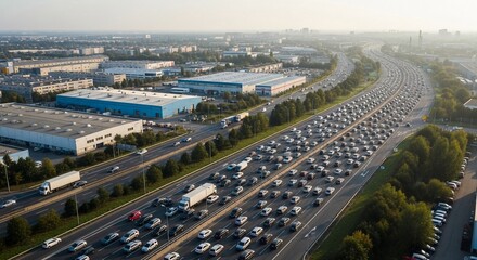 Fototapeta premium Aerial view of congested highway during morning rush hour, showcasing heavy traffic and urban sprawl