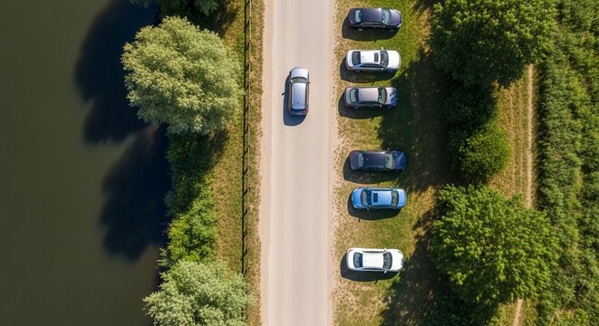 Aerial view of cars parked along a country road with trees and a river nearby