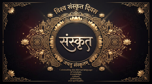 World Sanskrit Day Greeting Banner with Sanskrit Typography Golden Mandala Ornament and Decorative Cultural Background
