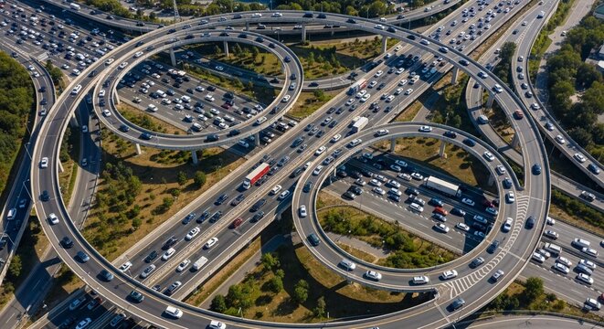 Aerial view of dense traffic congestion on a complex multi-level highway interchange during daytime
