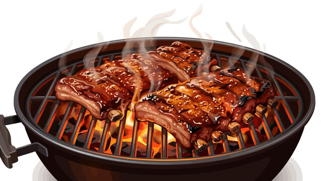 BBQ Grill Fire Scene Vector Illustration Juicy Ribs Cooking Close View