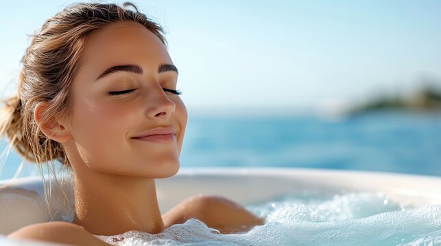 Young woman relaxing in outdoor hot tub with ocean view. Luxury spa, wellness, self care, vacation, resort, and stress relief concept
