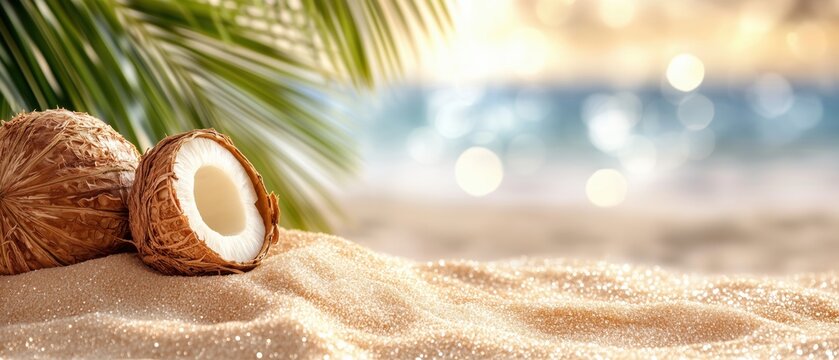 Fresh tropical coconuts on sandy beach with palm leaves and ocean background. Exotic summer vacation concept for travel. Horizontal banner with copy space