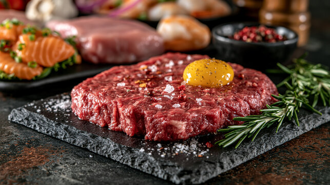 Raw beef steak tartare with egg yolk and sea salt on slate board seasoning rosemary