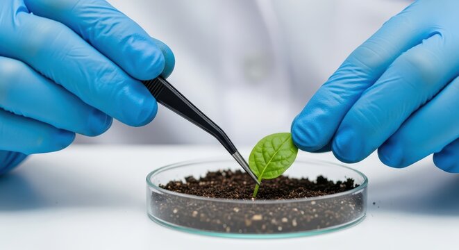 Scientist Hands in Blue Gloves Using Tweezers to Examine Small Plant Sprout in Petri Dish for Biotechnology Research