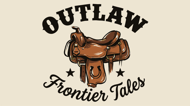 Outlaw frontier tales vintage saddle. Retro cowboy western artwork. T shirt print design.