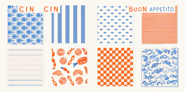 menu cards collection with playful patterns and text cin buon appetito stripes dots fish mushrooms lines checkered orange blue white background