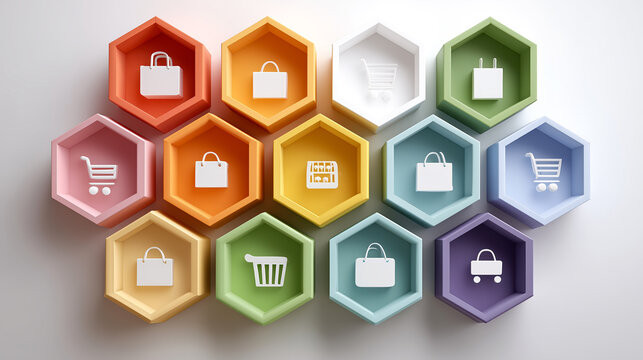 Colorful hexagonal icons with shopping symbols create vibrant retail theme. Each icon features different shopping related symbol, such as bags and carts, on white background