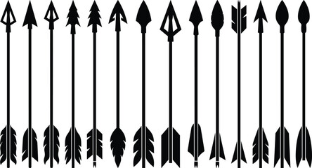 Archery Arrow Icon Set Featuring Vintage Medieval Tribal Hunting and Sport Arrow Silhouettes with Diverse Arrowheads and Fletching for Graphic Vector Designs © MDINSAN