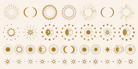 celestial gold dividers and circular frames featuring sun moon stars vector illustration pattern astronomy cosmic ornament design graphic element decoration icon © Nikhil