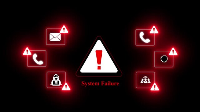 System Failure response notification on digital interface in data center server room with isolate node initiate backup patch route options. Dives hacking concept.