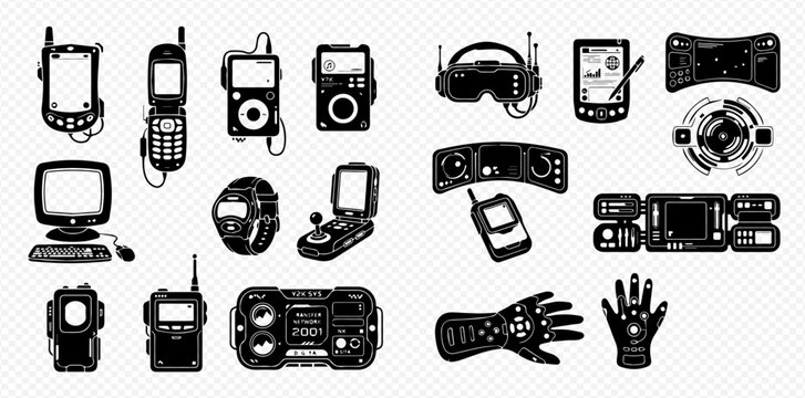 Set of vintage and retro technology gadgets, including computers, phones, and gaming devices, in black and white silhouette style.