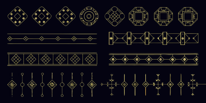 art deco gold geometric frames and dividers on black background ornamental pattern design vector illustration graphic decoration border divider line shapes