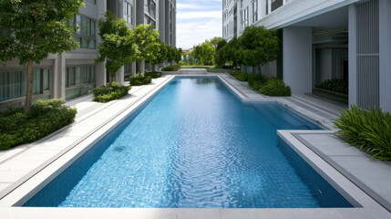 Fototapeta premium Modern condominium swimming pool outdoor blue water surrounded by trees high rise building urban summer tranquil luxury residential