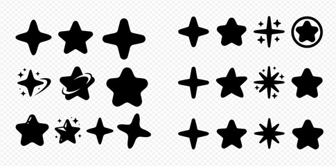 Fototapeta premium Set of various black star and sparkle icons, graphic design elements for decoration and rating.