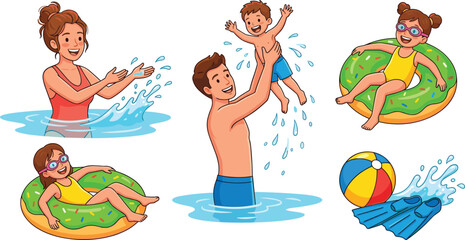 Family Swimming Pool Activity Vector Set with Parents Playing with Kids Inflatable Donut Floats Beach Ball and Flippers for Summer Vacation Designs © SHILA