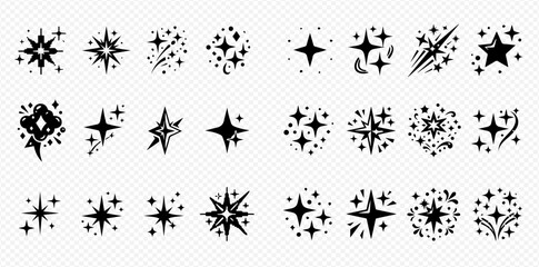 Fototapeta premium Set of various hand-drawn star and sparkle icons for design elements.