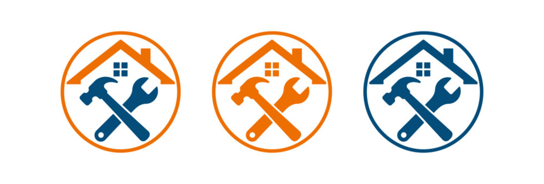Home repair and construction service logo set with hammer and wrench tools under a roof.