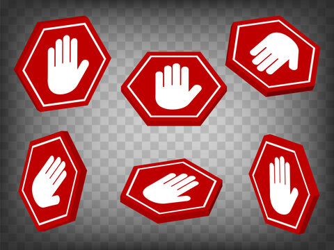 Set of perspective projections 3d Red stop hand block hexagonal sign symbol on transparent background. Red Adblock or Do Not Enter with hand symbol 3d icon with different views and angles for your des