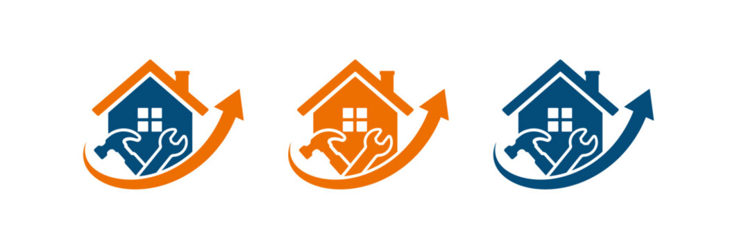 Home repair and renovation service logo set with house hammer wrench and arrow icons.