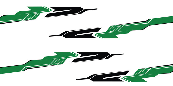Abstract geometric racing stripe decals set. Green and black sports livery vinyl wrap graphic kit for car, motorcycle, or vehicle sticker design.