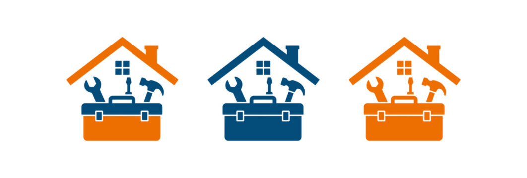 Home repair and maintenance service icons with toolbox and house roof symbols.
