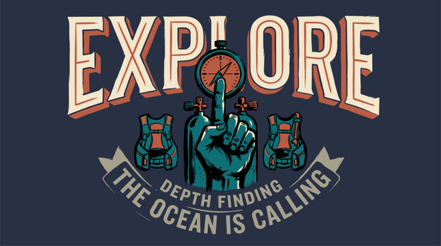 Scuba diving explore vintage design. Ocean is calling artwork. Diving tank vector print.