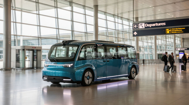Metallic Blue Autonomous Shuttle Bus Driving Through Modern Airport Terminal
