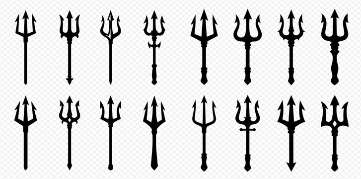 Set of black trident icons, various styles of devil's pitchforks and Poseidon's weapon on a transparent background.