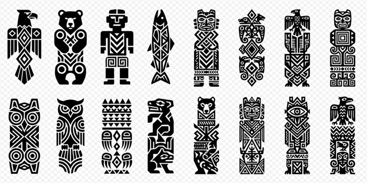 Set of various tribal totem poles with traditional indigenous designs and animal figures, vector illustration.