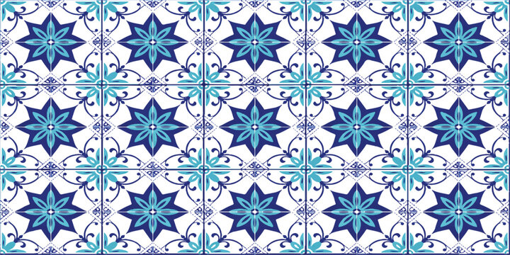 Blue and white vintage ceramic tile pattern with floral star motifs for wall decoration