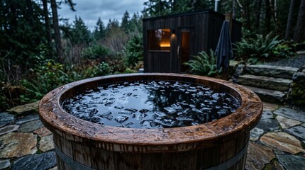 Fototapeta premium Outdoor Cold Plunge Tub with Ice Water Beside Modern Sauna in a Forest Retreat