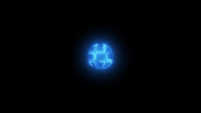 Neon globe icon blue color glowing animation on black background. Animated neon globe symbol. 4k video