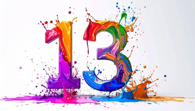 Vibrant colorful number thirteen splatter art.