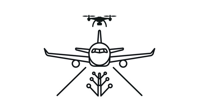 Airplane taking off with drone surveillance overhead.