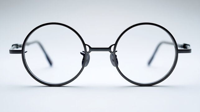 A pair of black, round eyeglasses with clear lenses on a white background.