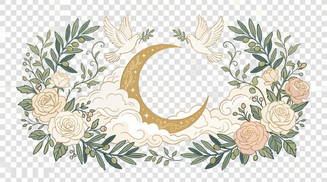 Luxury celestial vector design featuring a decorative golden crescent moon surrounded by white doves with olive branches, cream roses, and soft clouds on a transparent grid background.