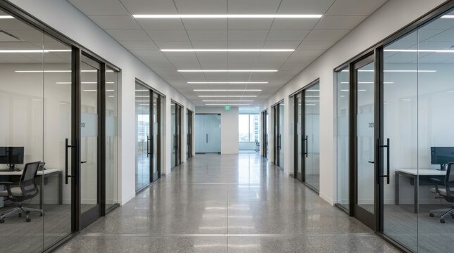 A long, bright corridor features glass office partitions and desks. The corridor has a polished concrete floor and a white ceiling with linear fluorescent lighting.