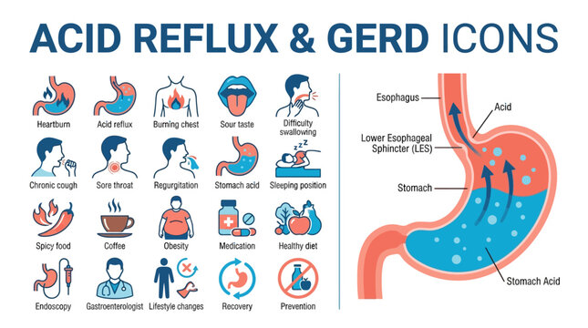 Acid Reflux and GERD Symptoms Illustrations Set.