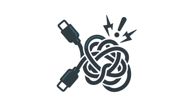 Tangled USB cable icon representing technical mess and frustration.