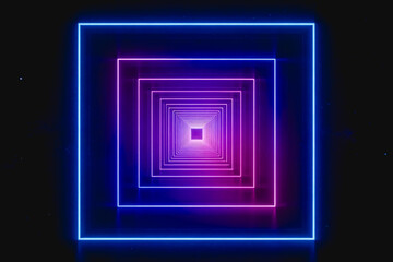 Fototapeta premium A symmetrical futuristic neon tunnel of concentric squares glows in deep dark cosmic space, with blue outer frames and purple inner layers.
