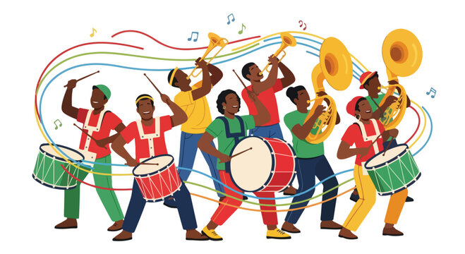 Street Band Performance: A lively street band, composed of diverse individuals, plays a jubilant tune with brass instruments and drums, their music a vibrant celebration of culture and rhythm.