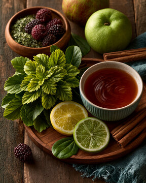 Carqueja and boldo flat lay with herbal teas and fruit showcasing Brazilian medicinal herb wellness healthy aging and home vitality