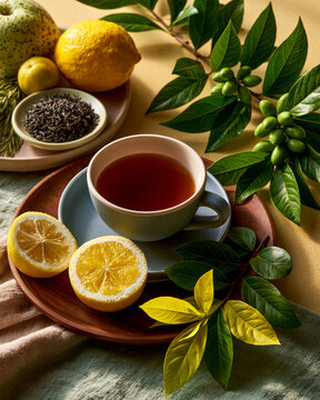 Carqueja and boldo flat lay with herbal teas and fruit showcasing Brazilian medicinal herb wellness healthy aging and home vitality